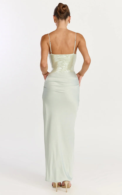 Glamorous Sequin Satin Sheath Ruched Spaghetti Strap Floor-Length Evening Dress