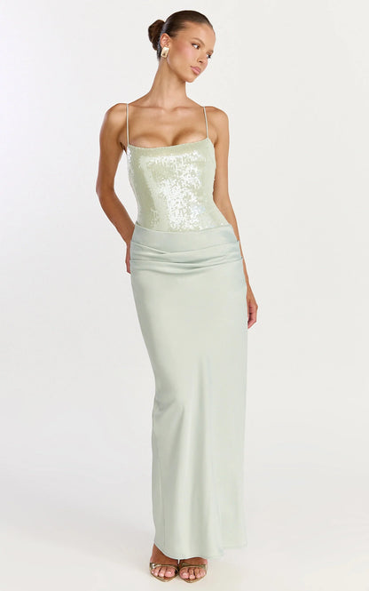 Glamorous Sequin Satin Sheath Ruched Spaghetti Strap Floor-Length Evening Dress