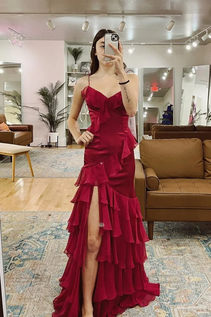 Spaghetti Strap Tiered Ruffle Evening Dress with Asymmetric Hem, Lace-Up Back & Flowy Maxi Silhouette