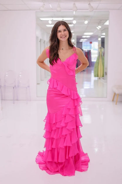 Spaghetti Strap Tiered Ruffle Evening Dress with Asymmetric Hem, Lace-Up Back & Flowy Maxi Silhouette
