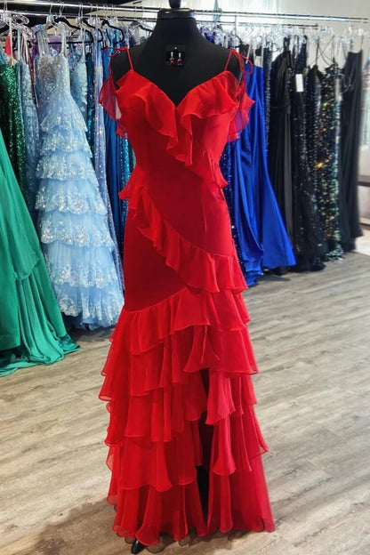 Spaghetti Strap Tiered Ruffle Evening Dress with Asymmetric Hem, Lace-Up Back & Flowy Maxi Silhouette