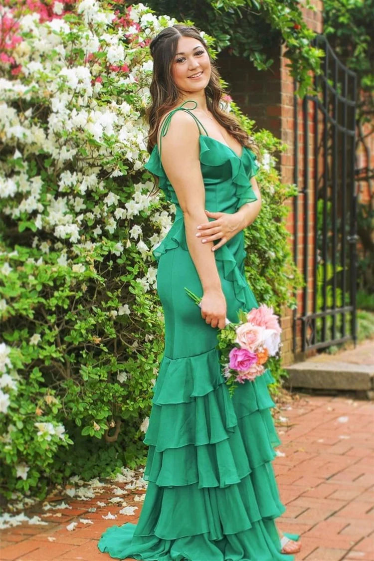 Spaghetti Strap Tiered Ruffle Evening Dress with Asymmetric Hem, Lace-Up Back & Flowy Maxi Silhouette