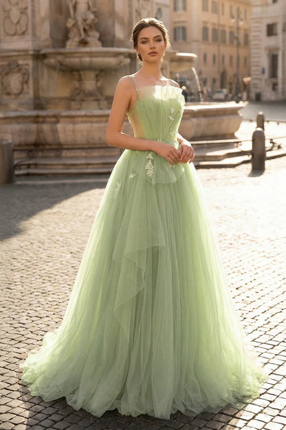 Spaghetti Strap Tulle Ball Gown Evening Dress with 3D Floral Applique, Lace-Up Back & Sweep Train