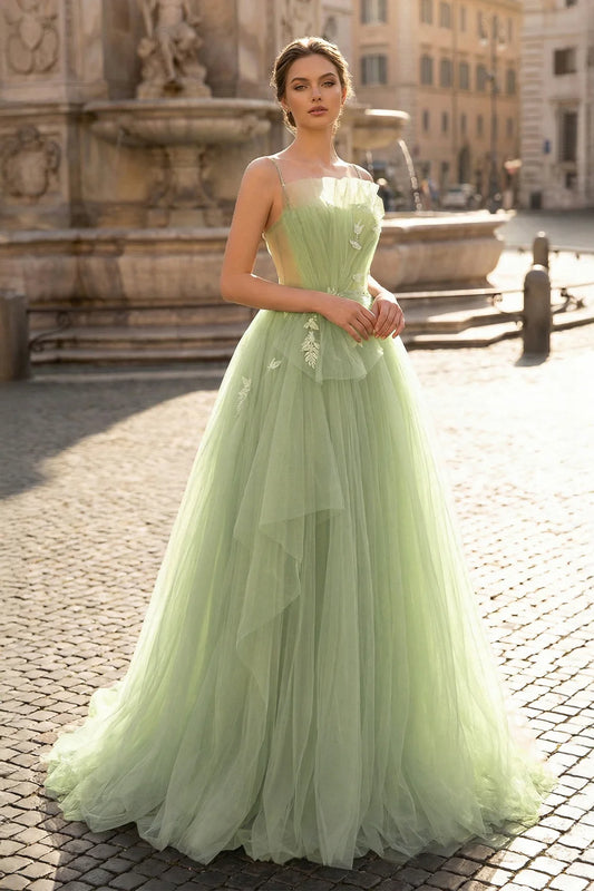 Spaghetti Strap Tulle Ball Gown Evening Dress with 3D Floral Applique, Lace-Up Back & Sweep Train