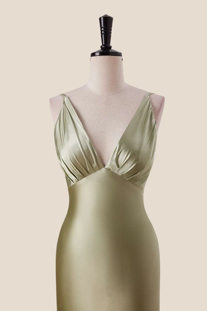 Spaghetti Strap V-Neck Satin Mermaid Evening Dress