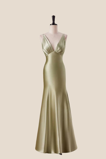 Spaghetti Strap V-Neck Satin Mermaid Evening Dress