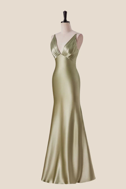 Spaghetti Strap V-Neck Satin Mermaid Evening Dress