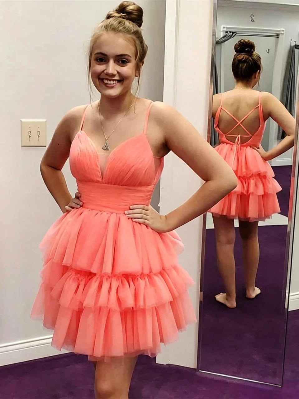 Spaghetti Strap V Neck Crisscross Back Tiered Tulle Mini Homecoming Dresses