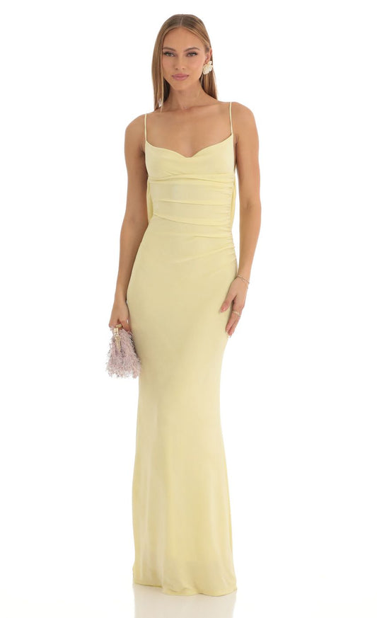 Spaghetti Strap Cowl Neck Ruched Bodice Mermaid Evening Dresses with Open Back and Lace Detail