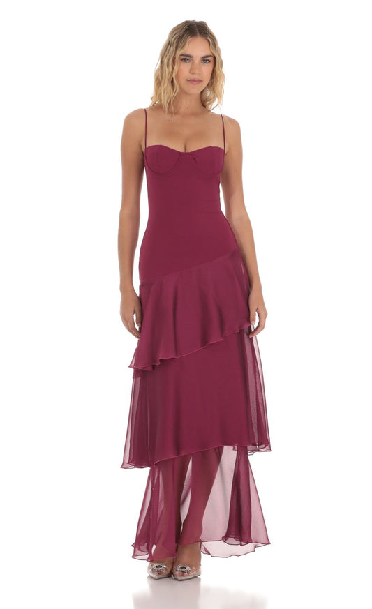 Spaghetti Strap Sweetheart Neck Tiered Ruffle Maxi Evening Dresses with Chiffon Skirt