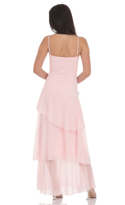 Spaghetti Strap Sweetheart Neck Tiered Ruffle Maxi Evening Dresses with Chiffon Skirt
