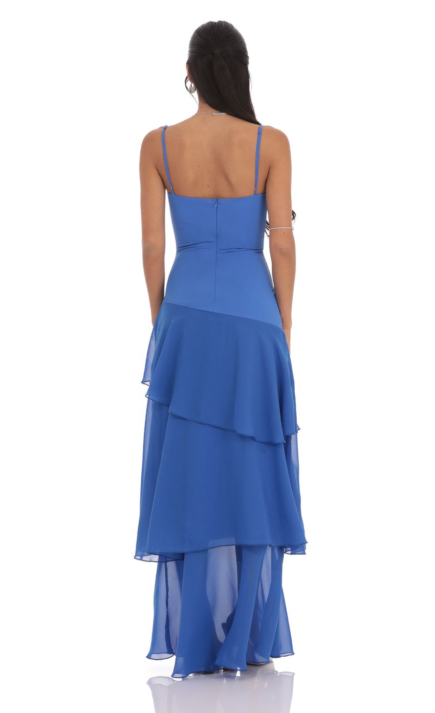 Spaghetti Strap Sweetheart Neck Tiered Ruffle Maxi Evening Dresses with Chiffon Skirt