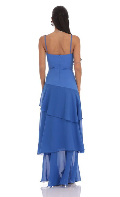 Spaghetti Strap Sweetheart Neck Tiered Ruffle Maxi Evening Dresses with Chiffon Skirt