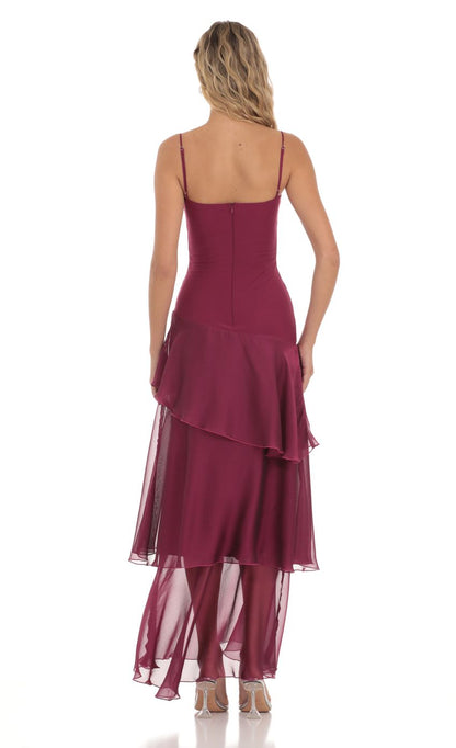 Spaghetti Strap Sweetheart Neck Tiered Ruffle Maxi Evening Dresses with Chiffon Skirt