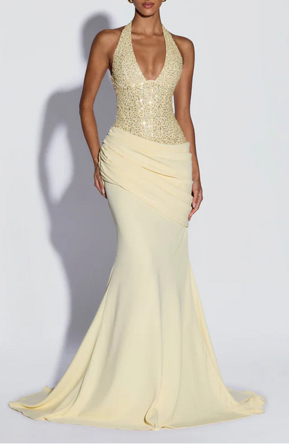 Sparkling Sequin Mermaid Halter Lace-Up Draped Pale Yellow Floor Length Prom Dress