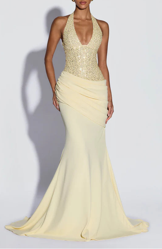 Sparkling Fitted Halter Neck Sleeveless Lace Up Back Mermaid Floor Length Prom Dress