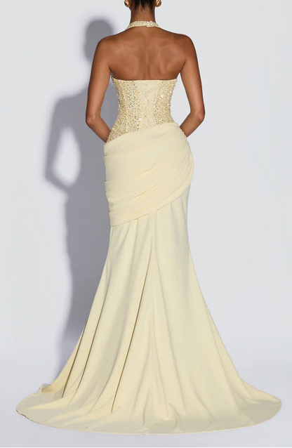 Sparkling Sequin Mermaid Halter Lace-Up Draped Pale Yellow Floor Length Prom Dress