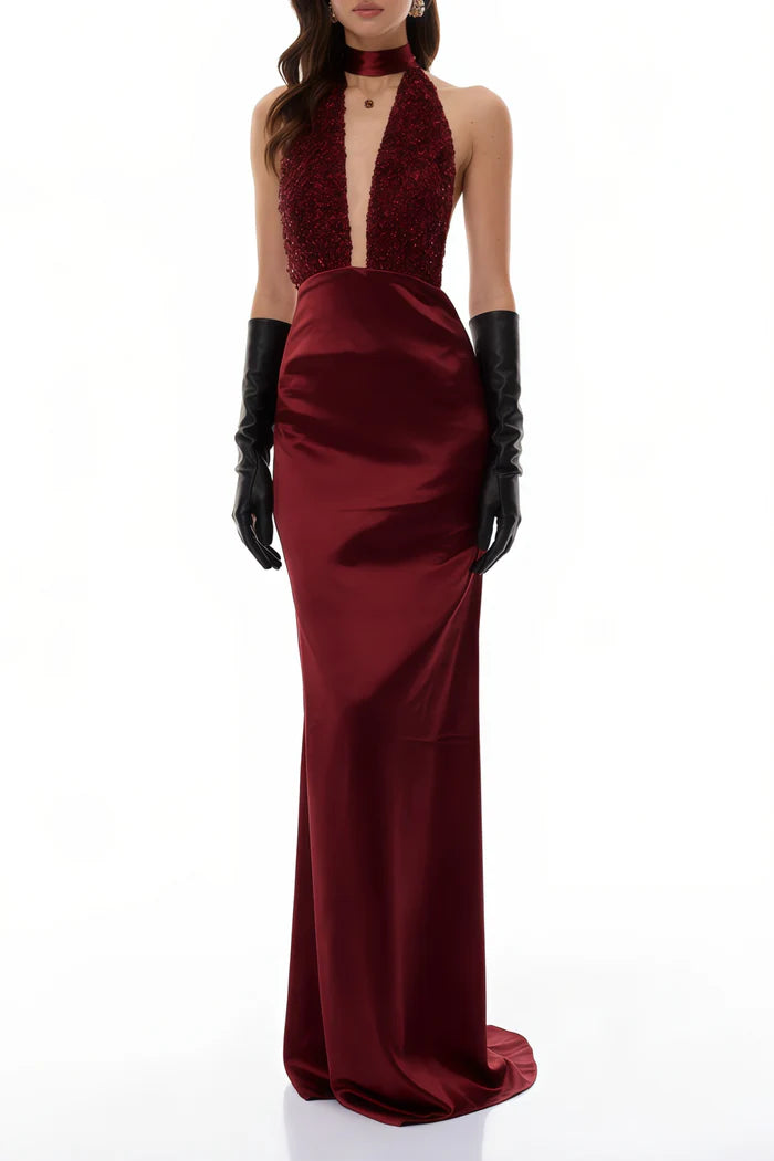 Sparkling Fitted Halter Neck Sleeveless Open Back Floor Length Evening Dress