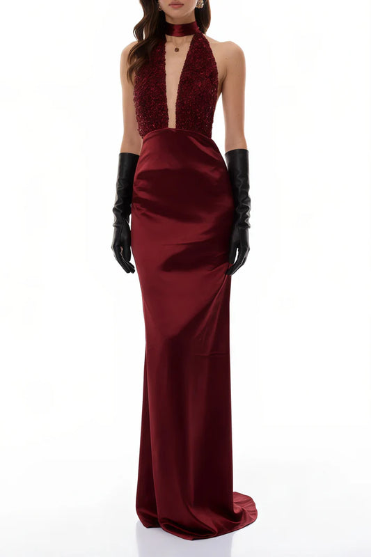 Sparkling Fitted Halter Neck Sleeveless Open Back Floor Length Evening Dress