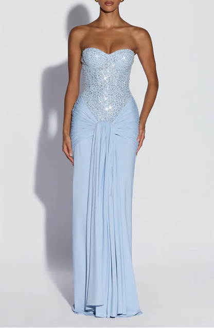 Sparkling Sequin Sheath Strapless Sweetheart Ruched Floor-Length Light Blue Prom Dress