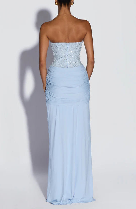Sparkling Sequin Sheath Strapless Sweetheart Ruched Floor-Length Light Blue Prom Dress
