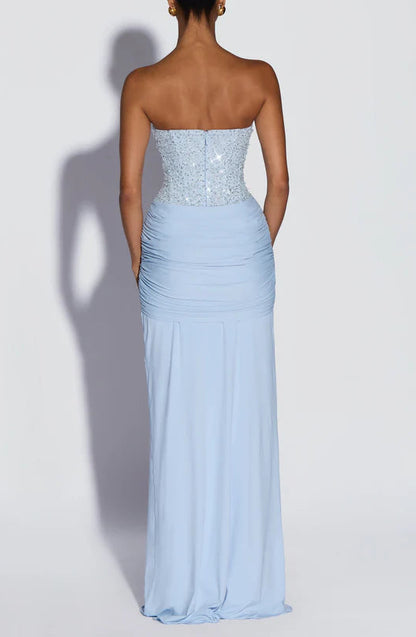 Sparkling Sequin Sheath Strapless Sweetheart Ruched Floor-Length Light Blue Prom Dress