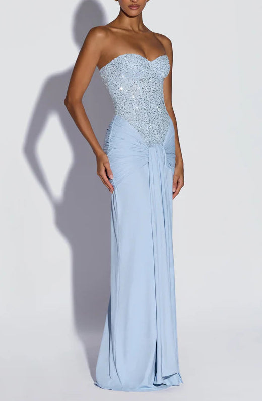 Sparkling Sequin Sheath Strapless Sweetheart Ruched Floor-Length Light Blue Prom Dress