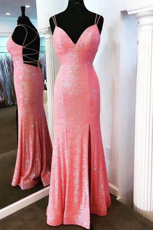 Sparkling Mermaid V Neck Spaghetti Straps Lace Up Back Slit Floor Length Prom Dress