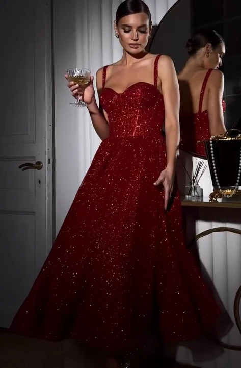 Sparkling Red Glitter A-Line Sweetheart Prom Dress with Lace-Up Back and Spaghetti Straps