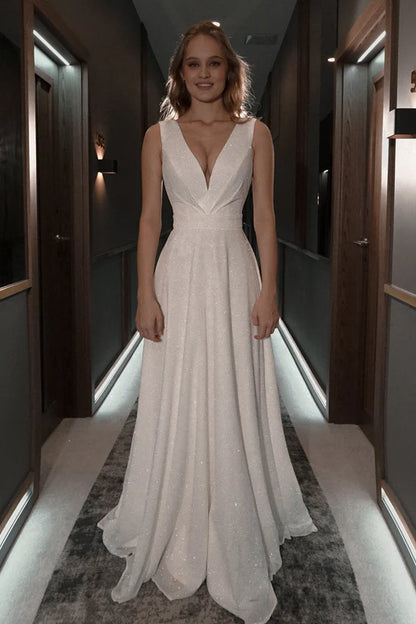 Sparkling Simple Tulle A-Line Deep V-Neck Sleeveless V-Back Floor-Length Wedding Dresses