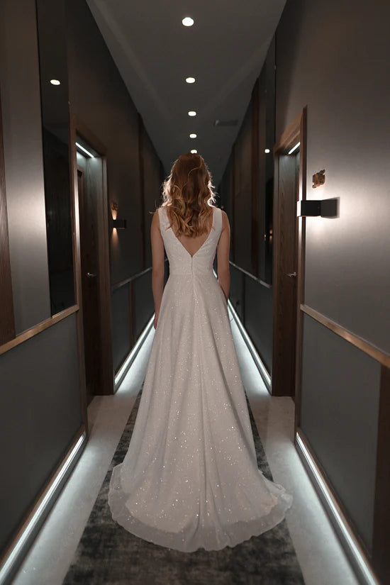 Sparkling Simple Tulle A-Line Deep V-Neck Sleeveless V-Back Floor-Length Wedding Dresses