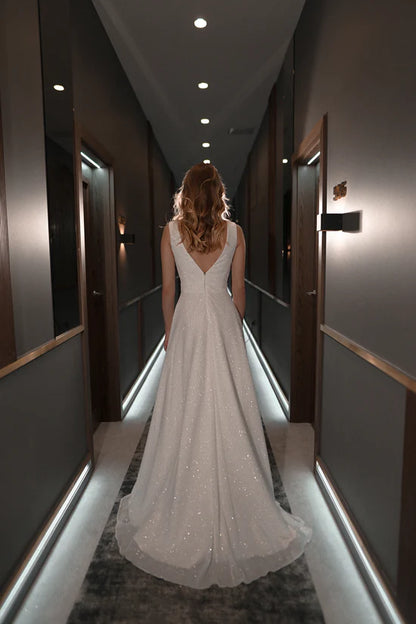 Sparkling Simple Tulle A-Line Deep V-Neck Sleeveless V-Back Floor-Length Wedding Dresses