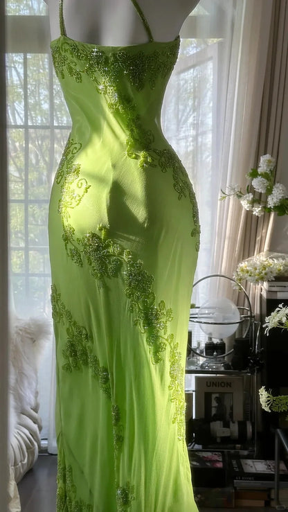 Sparkling Chiffon Sheath One-Shoulder Sleeveless Strappy Back Floor-Length Prom Dresses