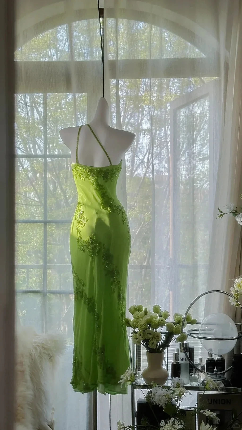 Sparkling Chiffon Sheath One-Shoulder Sleeveless Strappy Back Floor-Length Prom Dresses