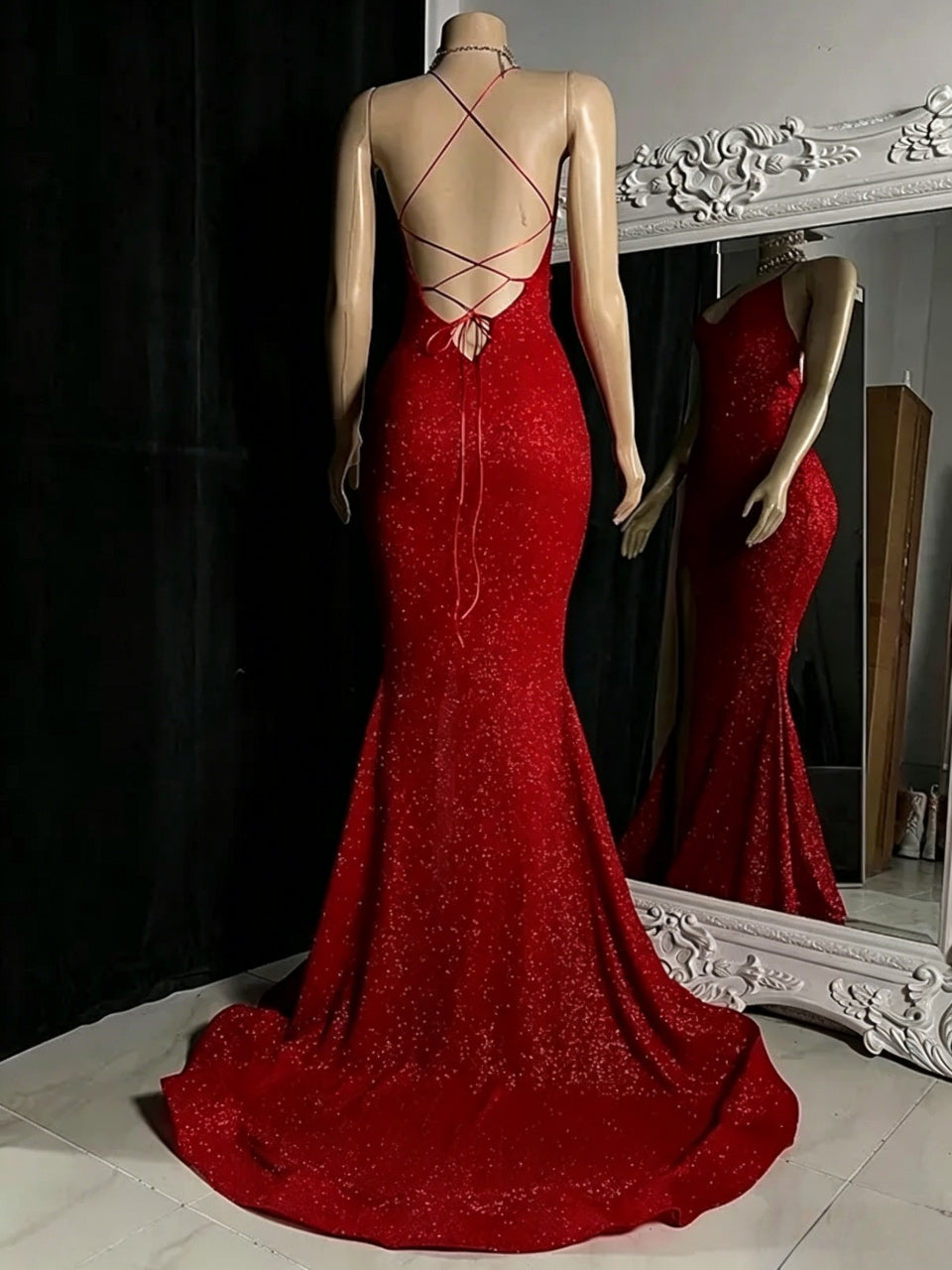 Sparkling Red Mermaid V-Neck Crisscross Lace-Up Back Slit Floor Length Evening Dress
