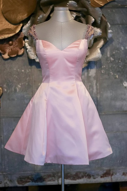 Sparkling Satin A-Line Sweetheart Cap Sleeve Open Back Short Pink Homecoming Dress