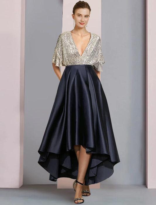Sparkling Sequin A-Line Deep V-Neck Flutter Sleeve Scoop Back High-Low Mother of the Bride Dresses