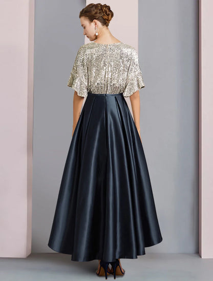 Sparkling Sequin A-Line Deep V-Neck Flutter Sleeve Scoop Back High-Low Mother of the Bride Dresses