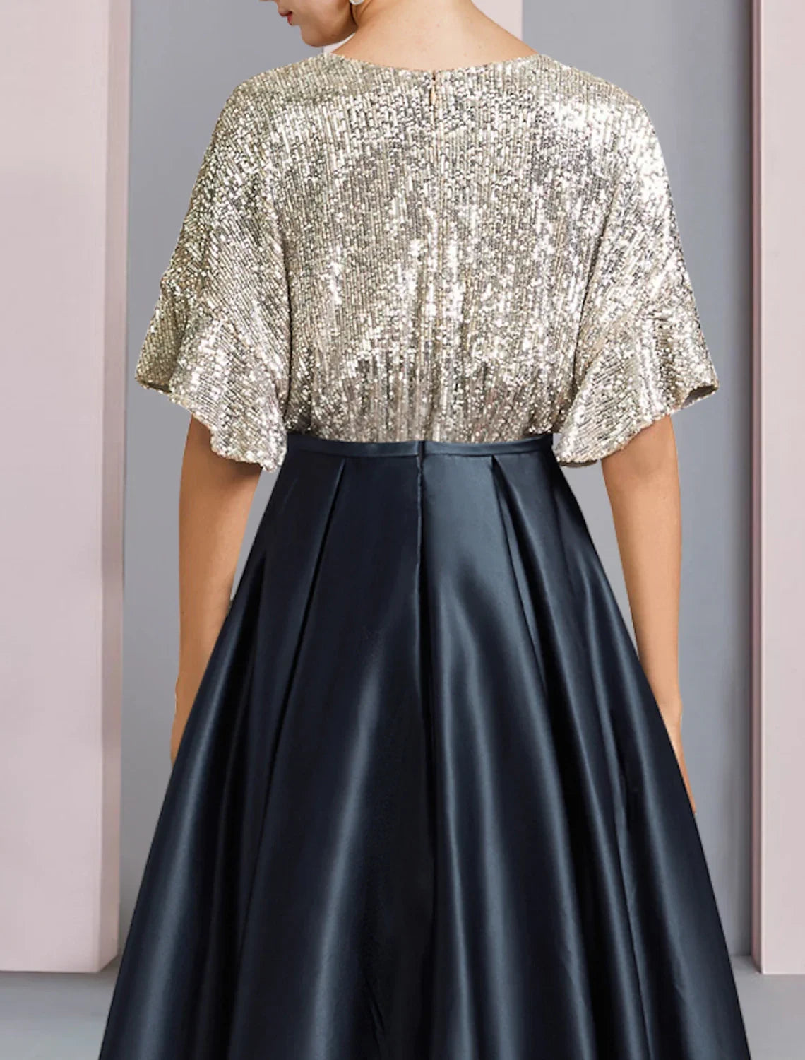 Sparkling Sequin A-Line Deep V-Neck Flutter Sleeve Scoop Back High-Low Mother of the Bride Dresses