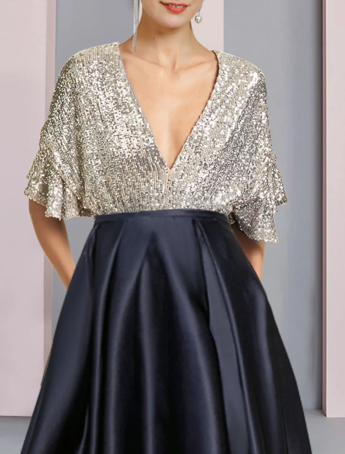 Sparkling Sequin A-Line Deep V-Neck Flutter Sleeve Scoop Back High-Low Mother of the Bride Dresses