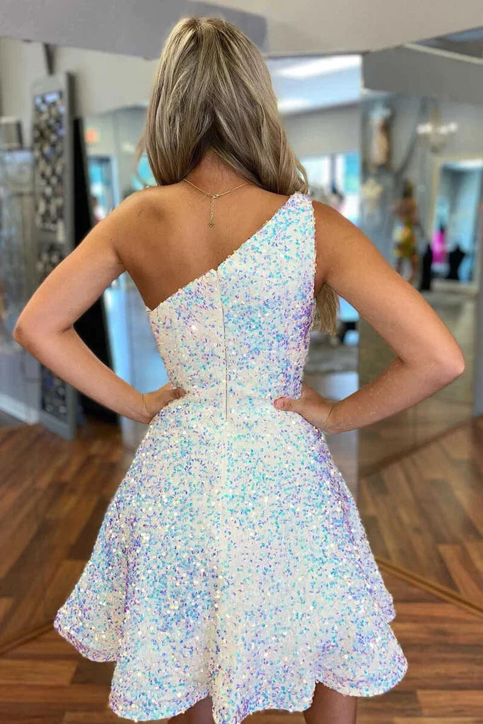 Sparkling Sequin A-Line One Shoulder Sleeveless Zipper Back Short Homecoming Dresses