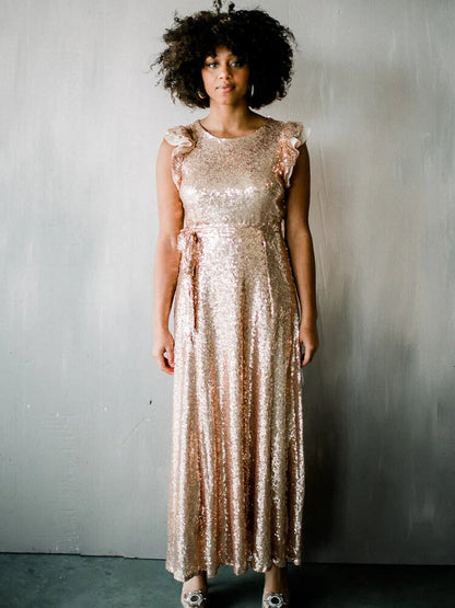 Sparkling Sequin A-Line Round Neck Ruffle Cap Sleeve Sash Tie Maxi Evening Dresses
