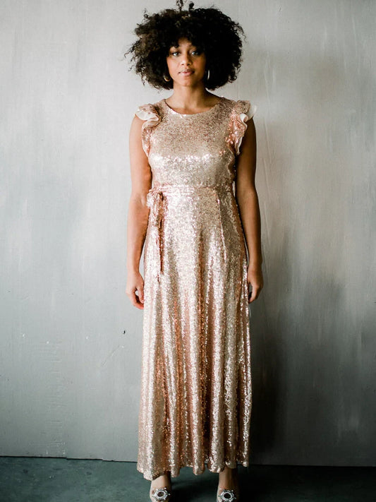 Sparkling Sequin A-Line Round Neck Ruffle Cap Sleeve Sash Tie Maxi Evening Dresses