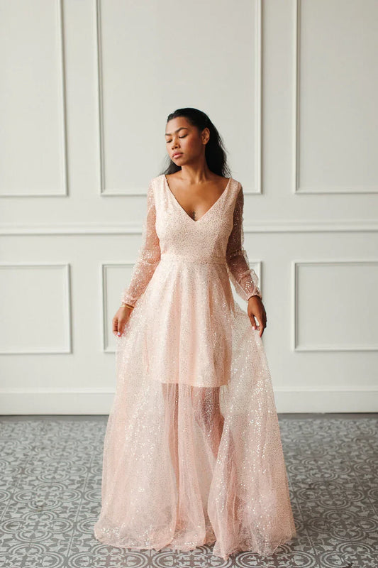 Sparkling Sequin A-Line V-Neck Long Sleeve Low Open Back Maxi Evening Dresses