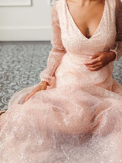 Sparkling Sequin A-Line V-Neck Long Sleeve Low Open Back Maxi Evening Dresses