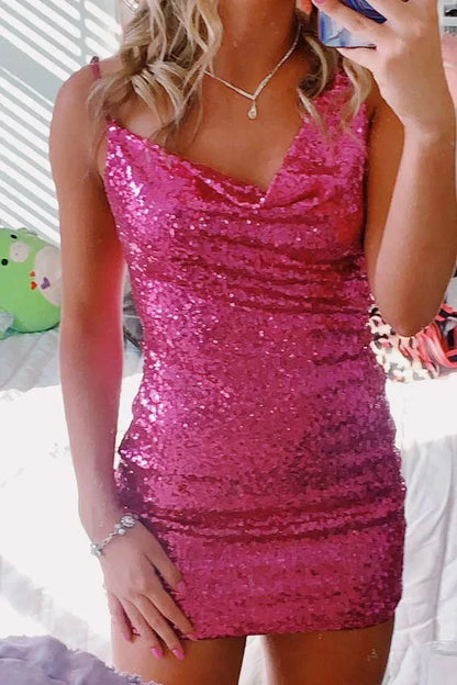 Sparkling Sequin Sheath Cowl Neck Spaghetti Strap Low Back Mini Homecoming Dresses