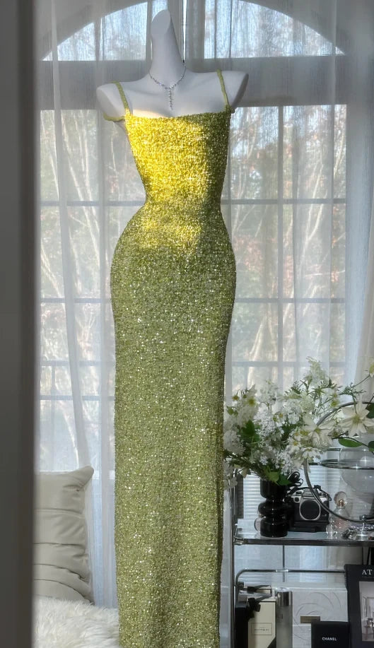 Sparkling Sequin Sheath Square Neck Sleeveless Low Back Floor-Length Prom Dresses