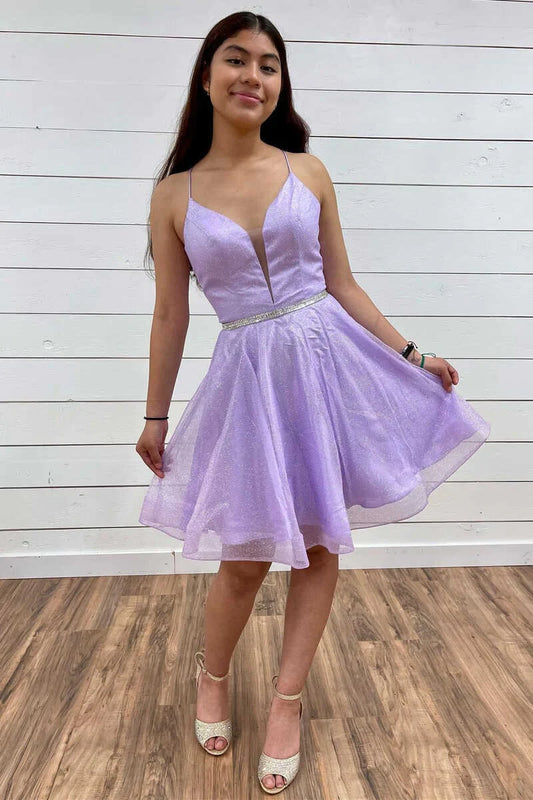 Sparkling Tulle A-Line Deep V-Neck Spaghetti Strap Lace-Up Back Short Homecoming Dresses