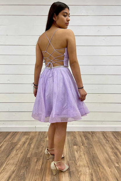 Sparkling Tulle A-Line Deep V-Neck Spaghetti Strap Lace-Up Back Short Homecoming Dresses