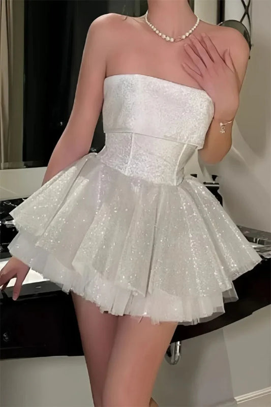 Sparkling Tulle A-Line Strapless Sweetheart Sleeveless Lace-Up Back Short Homecoming Dresses
